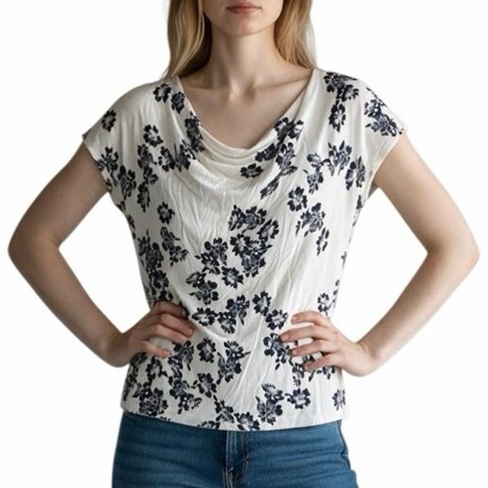 New York & Company Black White Floral Cowl Neck Short Sleeve Top Medium